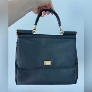 Dolce & Gabbana Black Leather Structured Top-Handle Satchel with Gold Plaque
